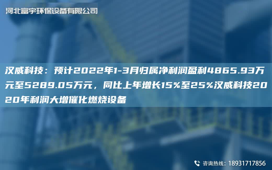 漢威科技：預計2022NA1-3月歸屬凈利潤盈利4865.93萬元至5289.05萬元，同比上NA增長15%至25%漢威科技2020NA利潤大增催化燃燒設備