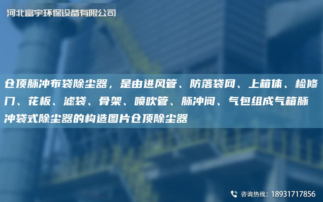 倉頂脈沖布袋除塵器，是由進風管、防落袋網、上箱體、檢修門、花板、濾袋、骨架、噴吹管、脈沖閥、氣包組成氣箱脈沖袋式除塵器的構造圖片倉頂除塵器
